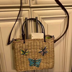 Sonoma Vintage Butterflies Straw Wicker Woven Handbag/Shoulder Purse Bag | Tan